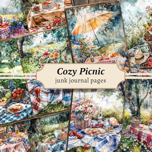 Cozy Picnic Junk Journal Pages, Digital Scrapbook Paper Kit, Cottagecore Printable, Watercolor Flower Collage Sheet, Vintage Floral Meadow