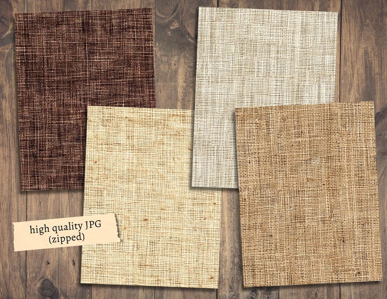 May include: Four different textures of burlap fabric in brown, beige, cream, and tan colors. The fabric is displayed on a wooden background.