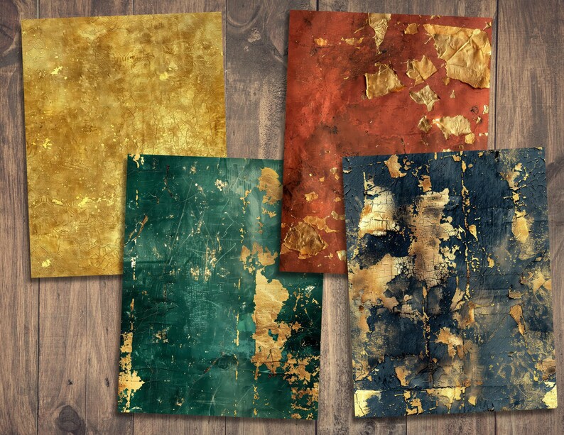May include: Four textured paper squares with gold leaf accents. The squares are in shades of gold, red, green, and blue.