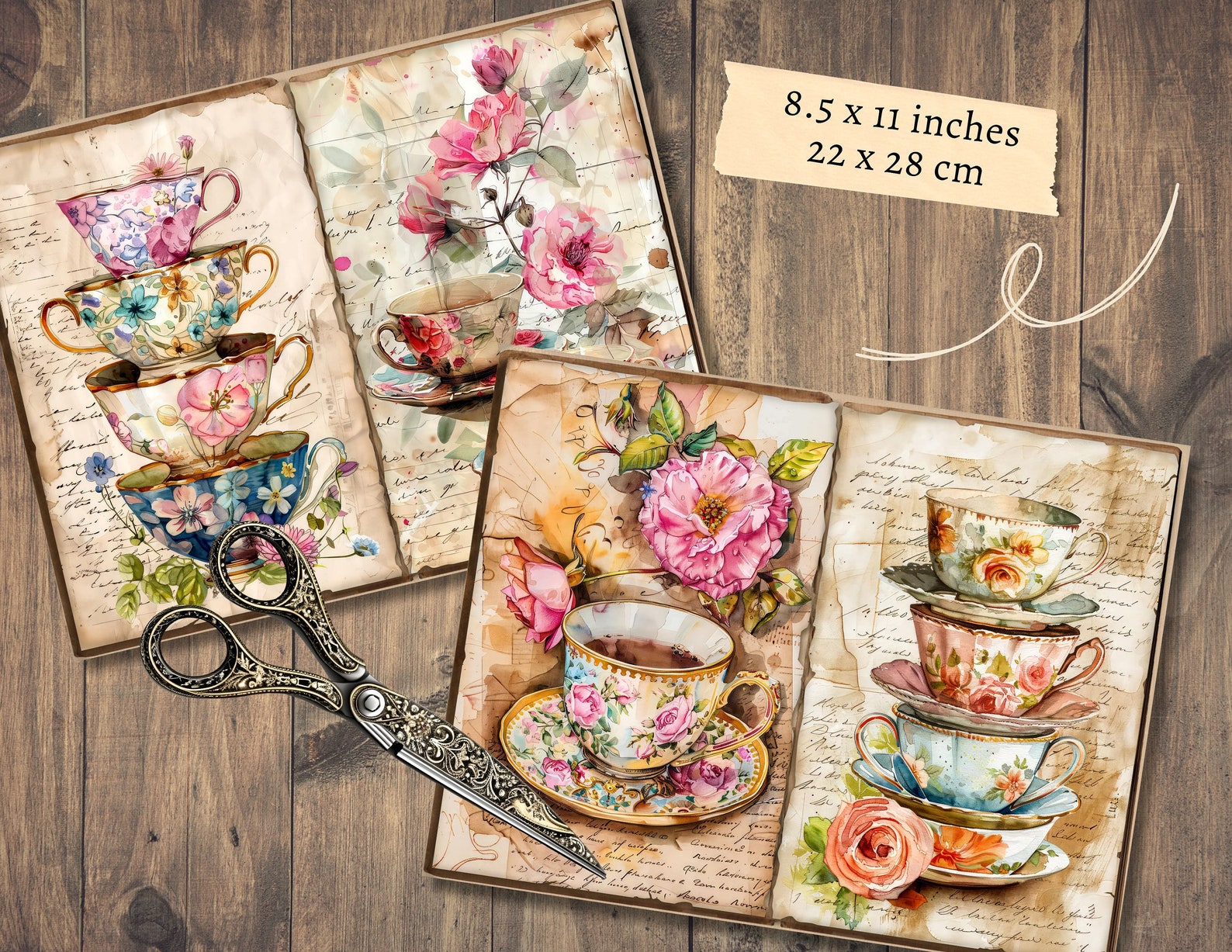 Floral Teacup Junk Journal Pages, Digital Scrapbook Paper Kit, Flower ...