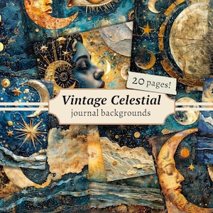 Arrière-plans célestes, page de carnet de voyage galaxie, papier de scrapbooking numérique, zodiaque à imprimer techniques mixtes, feuille de collage lune, éphémères vintage