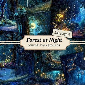 Fondos de bosque nocturno, páginas de diario basura de naturaleza, kit de papel de álbum de recortes digital, bosques estrellados imprimibles, hoja de collage, bosque iluminado por la luna
