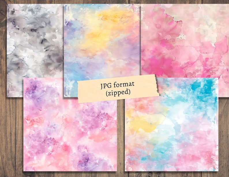 Puede incluir: Cinco texturas de papel digital en estilo acuarela. Los papeles presentan una variedad de colores, incluyendo gris, amarillo, rosa, morado y azul.