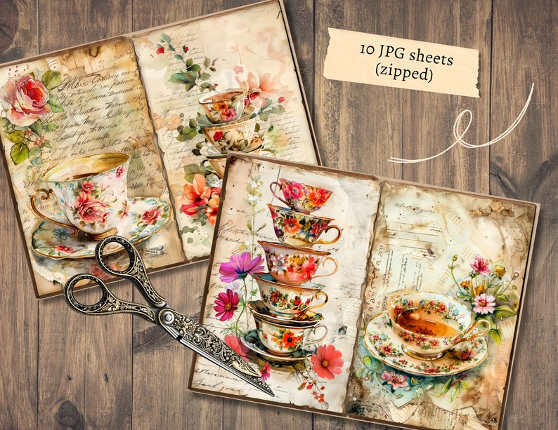 Floral Teacup Junk Journal Pages, Digital Scrapbook Paper Kit, Flower ...