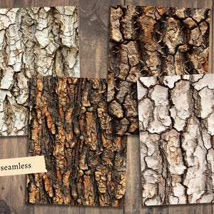 May include: Four seamless digital paper patterns featuring close-up images of tree bark. The patterns include brown, gray, and white bark textures.