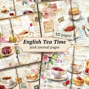 Pages de journal indésirable pour le thé anglais, kit de papier pour scrapbooking numérique, impression victorienne, feuille de collage roses, cartes shabby chic, éphémères vintage