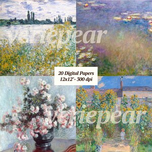 May include: A set of 20 digital papers featuring four different paintings by Claude Monet. The papers are 12x12 inches and 300 dpi. The paintings include a river scene with a row of trees, a field of yellow flowers, a pond with water lilies, and a garden with sunflowers.