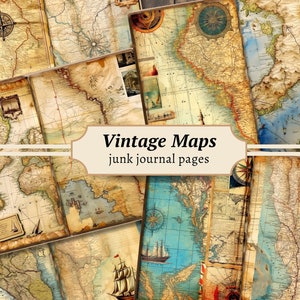 Vintage Maps Junk Journal Seiten, Digitales Scrapbook Papier Kit, druckbare Reise, antike Collage Sheet, Weltkarte Ephemera, Globus Download