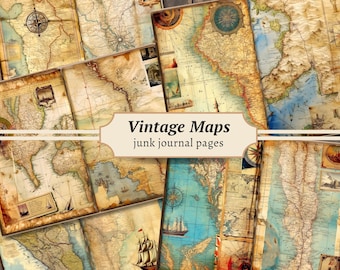 Vintage kaarten Junk Journal Pagina's, Digitale Scrapbook Paper Kit, Travel Printable, Antique Collage Sheet, World Map Ephemera, Globe Download