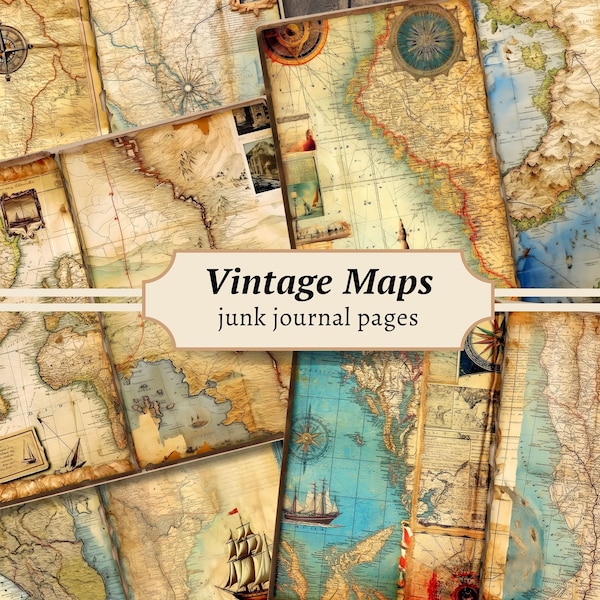 Vintage Maps Junk Journal Seiten, Digitales Scrapbook Papier Kit, druckbare Reise, antike Collage Sheet, Weltkarte Ephemera, Globus Download