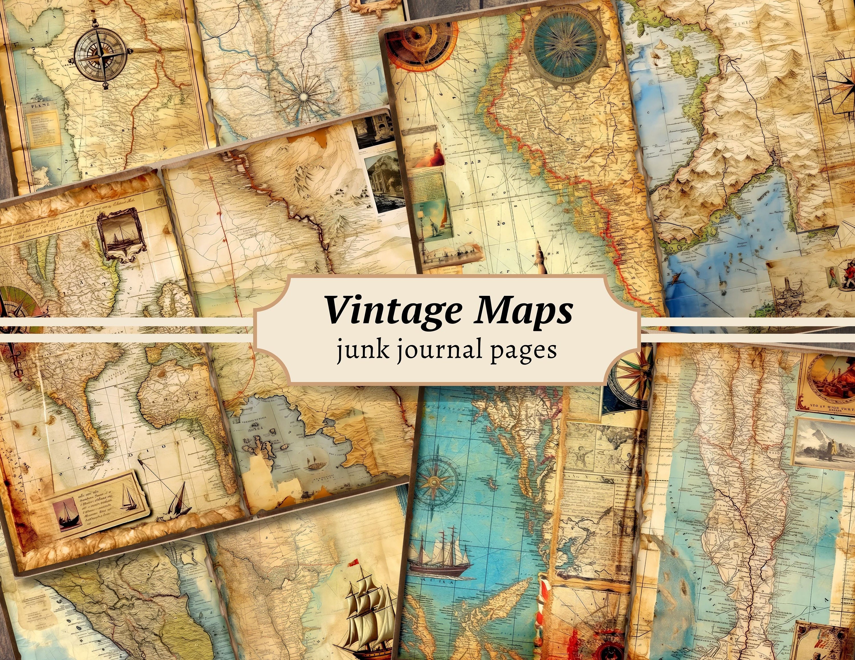 Vintage Maps Junk Journal Pages, Digital Scrapbook Paper Kit, Travel ...