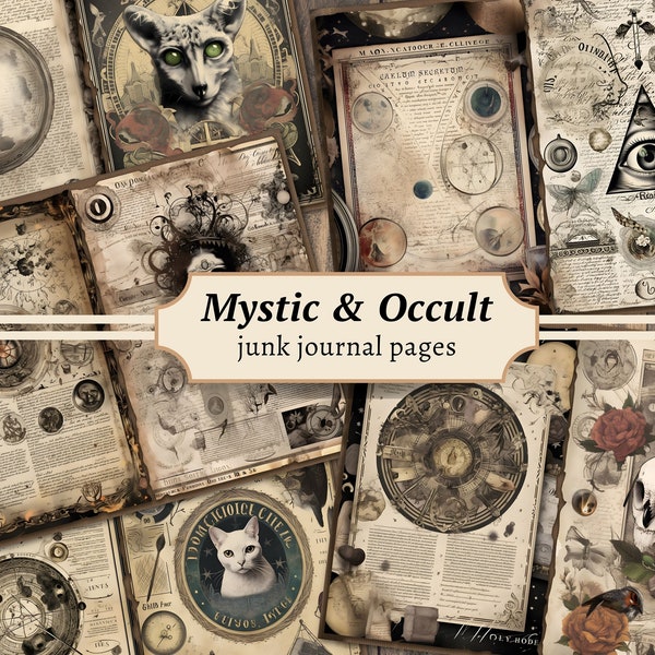 Pages occultes mystiques vintage, papier numérique pour journal indésirable, kit de scrapbooking gothique imprimable, feuille de collage astrologie, éphémères astronomie, sorcière