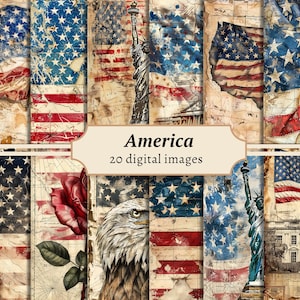 Patriotic America Digital Papers, americana junk journal page, vintage scrapbook background kit, USA printable, 4th of July collage sheet