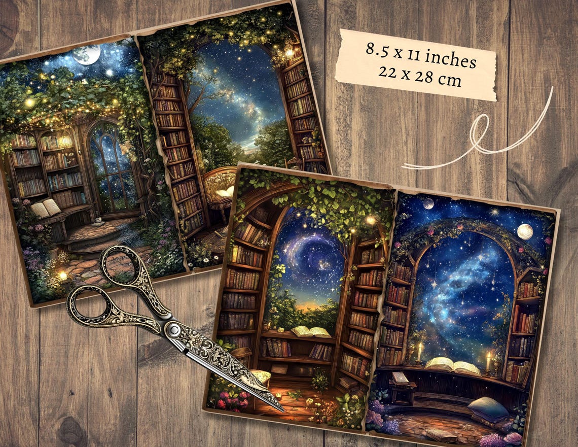 Magic Book Nook Junk Journal Pages, Digital Scrapbook, Midnight Paper ...