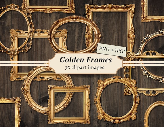 Golden Frames Clipart, Antique Gold Baroque Clip Art, Vintage PNG Bundle, Digital Old Rococo Ephemera, Junk Journal Set, Scrapbook Graphics