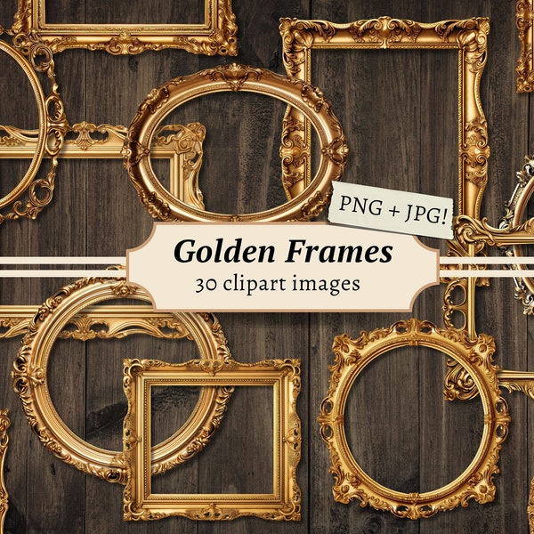 Golden Frames Clipart, Antique Gold Baroque Clip Art, Vintage PNG Bundle, Digital Old Rococo Ephemera, Junk Journal Set, Scrapbook Graphics