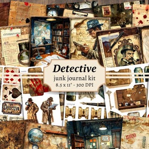 Kit diario Detective Junk, carta per album digitale, fascicolo di casi misteriosi, stampabile di indagini criminali, pagine vittoriane, effimeri vintage