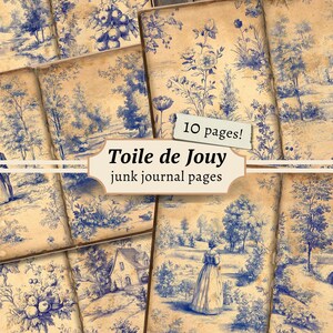 Toile de Jouy-junkdagboekpagina's, digitaal plakboek, Franse papierset, Victoriaans afdrukbaar, vintage efemere kaarten, blauw toile-collageblad