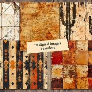 May include: A collection of 20 digital images with seamless patterns. The images feature various textures and designs, including geometric shapes, cactus silhouettes, and distressed wood effects. The color palette includes earthy tones like brown, orange, and beige.
