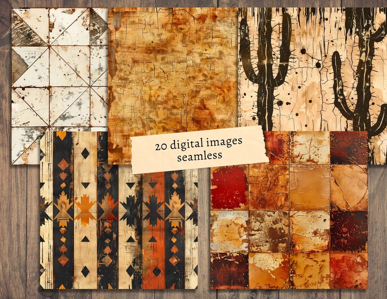 May include: A collection of 20 digital images with seamless patterns. The images feature various textures and designs, including geometric shapes, cactus silhouettes, and distressed wood effects. The color palette includes earthy tones like brown, orange, and beige.