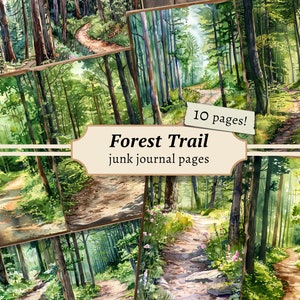 Forest Trail Junk Journal Pages, kit de papel para álbum de recortes digital, árvores para impressão, folha de colagem da natureza, download de floresta, fundo vintage
