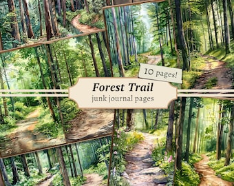 Forest Trail Junk Journal Pages, Digital Scrapbook Paper Kit, Trees Printable, Nature Collage Sheet, Forest Download, Vintage Background