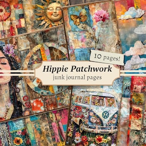 Páginas de diario de retazos hippies, kit de papel para álbum de recortes digital, hojas de collage retro, imprimibles geniales, descarga de estilo boho, colores vibrantes ATC