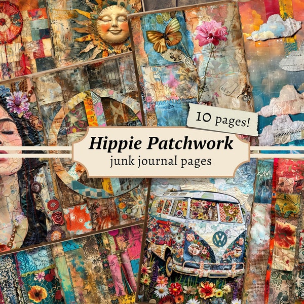 Hippie Patchwork Junk Journal Pages, Digital Scrapbook Paper Kit, Groovy Printable, Retro Collage Sheet, Boho Download, Vibrant Colors ATC