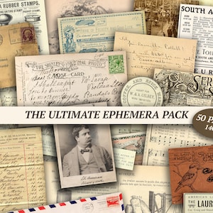 Vintage Junk Journal Ephemera Pack | 50 pages | printable collage sheet, digital scrapbook kit, ledger pages, postcards, handwritten letters