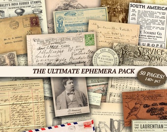 Vintage Junk Journal Ephemera Pack | 50 pages | printable collage sheet, digital scrapbook kit, ledger pages, postcards, handwritten letters