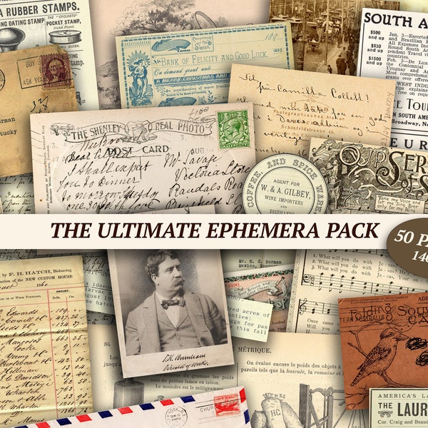 Vintage Junk Journal Ephemera Pack | 50 Seiten | ausdruckbare Collage Vorlage, digitales Scrapbook Kit, Ledger Seiten, Postkarten, handgeschriebene Briefe