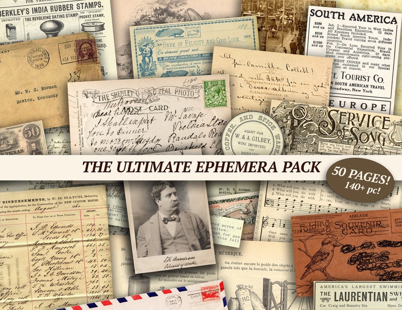 Vintage Junk Journal Ephemera Pack | 50 Pages | Printable Collage Sheet ...