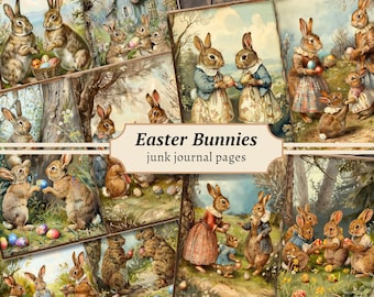 Easter Bunnies Junk Journal Pages, Digital Scrapbook, Floral Paper Kit, Forest Printable, Watercolor Collage Sheet, Vintage Spring Download