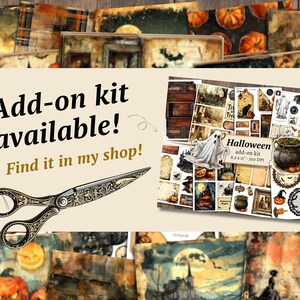 Może przedstawiać: Zestaw do kolażu cyfrowego w stylu Halloween. Zestaw zawiera obrazy dyni, duch&oacute;w, kotł&oacute;w, nietoperzy i innych strasznych element&oacute;w. Zestaw ma rozmiar 21,6 cm x 27,9 cm i 300 DPI. Tekst "Halloween add-on kit" jest widoczny na obrazie.