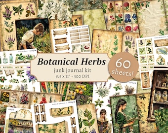 Botanical Herbs Junk Journal Kit, Digital Scrapbook Paper, Herbal Printable, Apothecary Pages, Antique Collage Sheet, Vintage Plant Ephemera