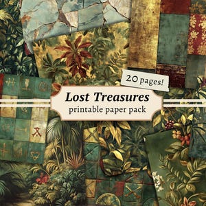 Lost Treasures afdrukbaar papierpakket, Jungle Junk-dagboekpagina, digitale plakboekachtergrond, leertextuurkit, vintage collageblad
