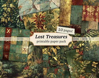 Może przedstawiać: Kolekcja 20 stron papieru do druku o estetyce vintage. Projekty zawierają wzory botaniczne i kafelkowe w odcieniach zieleni, czerwieni i złota, z tekstem "Lost Treasures" i "printable paper pack".