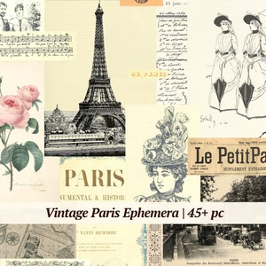 Coisas efêmeras vintage de Paris | Mais de 45 unidades | Kit de diário francês, folha de colagem para impressão, pacote de papel para álbum de recortes digital, kit digital shabby chic França