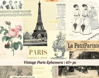 Vintage Paris Ephemera | 45+ pc | French junk journal kit, printable collage sheet, digital scrapbook paper pack, shabby chic France digikit