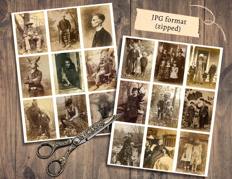 Griezelige foto's, afdrukbare rare ephemera, vintage junkjournal, digitale plakboekkit, griezelig collageblad, grimoire-horror, gotische download afbeelding 2