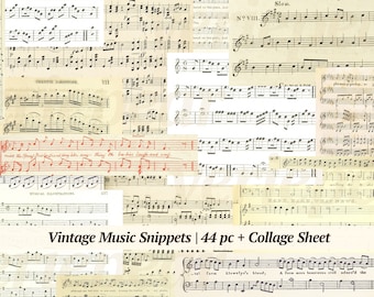 Vintage Sheet Music Snippets | printable ephemera, junk journal supplies, digital collage sheet, old music notes paper, scrapbook background