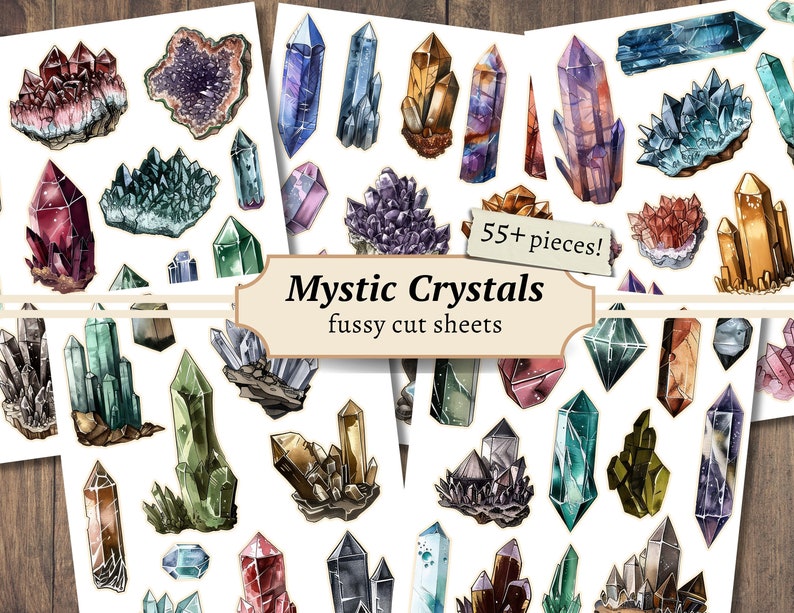 Mystic Crystals Fussy Cuts, Digital Ephemera, Gemstones Printable, Watercolor Junk Journal Pages, Gems Scrapbook Paper Kit, Collage Sheet image 1