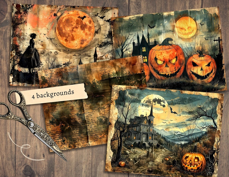 Może przedstawiać: Cztery cyfrowe tła papierowe w stylu Halloween. Tła przedstawiają pełnię księżyca, nawiedzony dom, nietoperze i dynie. Tła są w stylu vintage z efektem zużycia i starzenia.