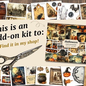 K&ouml;nnte beinhalten: Ein digitaler druckbarer Halloween-Junk-Journal-Kit mit einer Vielzahl von Bildern, darunter K&uuml;rbisse, Flederm&auml;use, Geister und ein Spukhaus. Der Kit ist 8,5 x 11 Zoll gro&szlig; und hat 300 DPI.