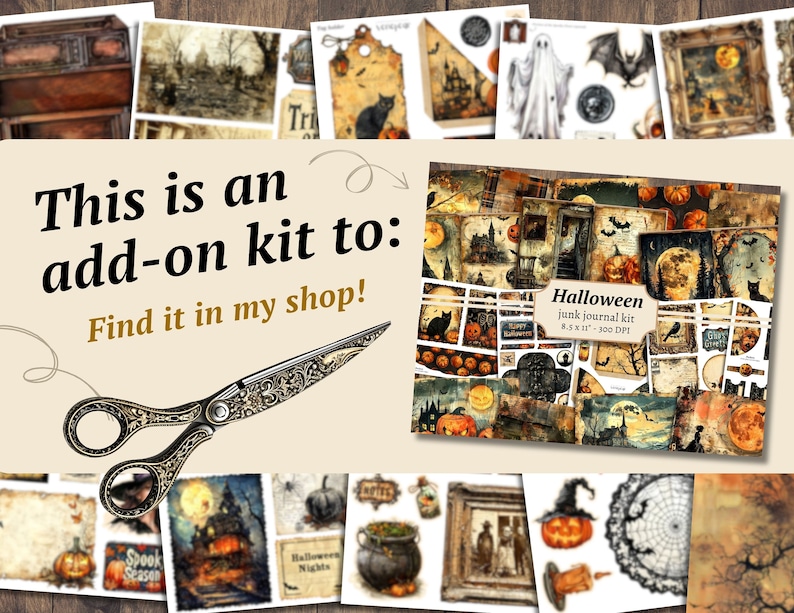 K&ouml;nnte beinhalten: Ein digitaler druckbarer Halloween-Junk-Journal-Kit mit einer Vielzahl von Bildern, darunter K&uuml;rbisse, Flederm&auml;use, Geister und ein Spukhaus. Der Kit ist 8,5 x 11 Zoll gro&szlig; und hat 300 DPI.