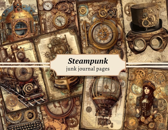 Steampunk Junk Journal Pages, Digital Industrial Paper, Victorian Printable, Digi Collage Sheet, Mechanical Scrapbook Kit, Vintage Ephemera