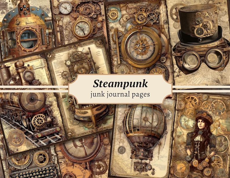 May include: A collection of steampunk-themed junk journal pages. The pages feature vintage illustrations of gears, clocks, maps, and airships in shades of brown, gold, and sepia. The words "Steampunk junk journal pages" are displayed on a cream-colored banner.