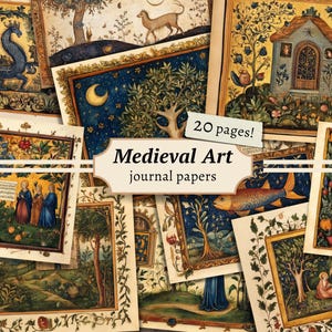Middeleeuwse kunstpapieren, ongewenste dagboekpagina's, digitale plakboekachtergronden, verlicht manuscript afdrukbaar, collageblad, vintage ephemera
