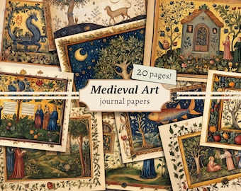 Papeles de arte medieval, páginas de diario basura, fondos para álbumes de recortes digitales, manuscritos iluminados imprimibles, hojas de collage, efímeras vintage
