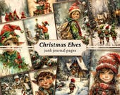 Christmas Elves Junk Journal Pages, Digital Scrapbook Paper Kit, Holiday Printable, Xmas Collage Sheet, Vintage Ephemera, Santa Elf Download